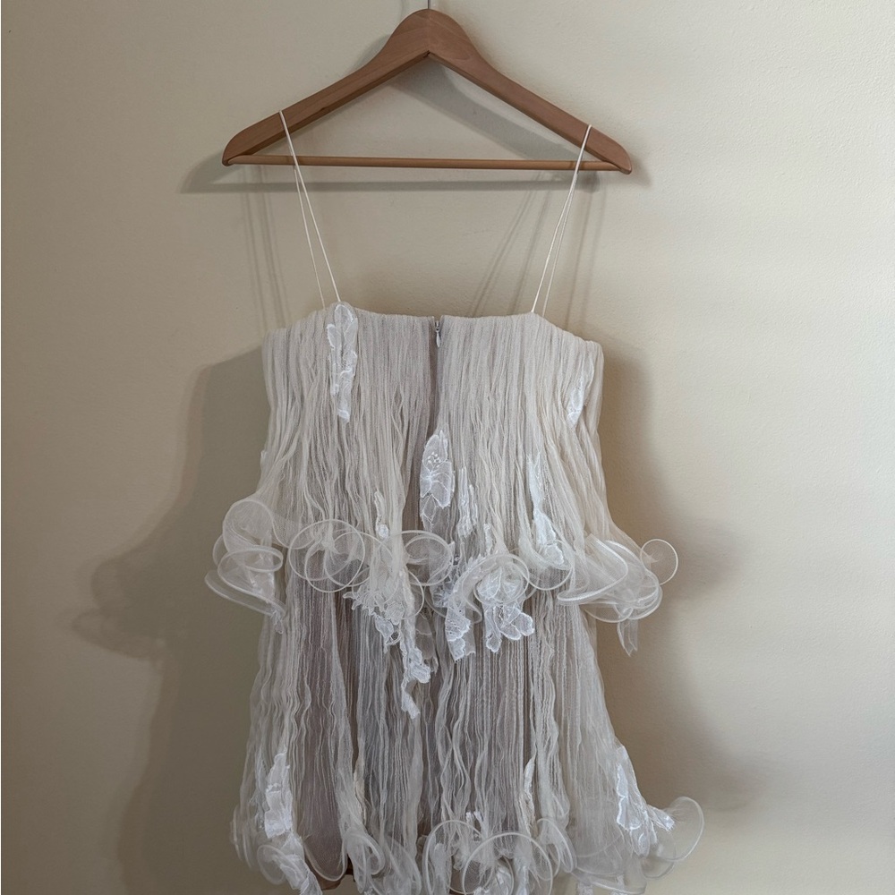 Danielle Frankel New Wendell Tiered Ruffled Lace Tulle Mini Dress Ivory Size 4 - Picture 6 of 11
